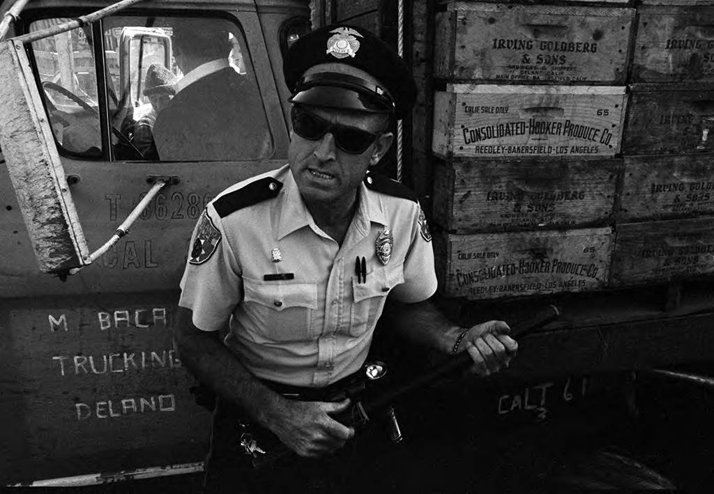 A police officer holds a baton while standing in front of the truck that had just run over farmworker and striker Manuel Rivera. The officer stands close to the vehicle's door, protecting the driver who is still sitting inside the vehicle. On the other side the vehicle, its door open and a striker is talking to the driver. The picketers were reacting passionately to the violence caused by the drive, who inflicted serious injuries on Rivera.</p>
<p>Un oficial de policía sostiene una macana mientras está parado en frente del camión que atropelló al campesino y huelguista Manuel Rivera. El oficial está parado cerca de la puerta del mismo, protegiendo al conductor quien aún sigue sentado dentro del vehículo. Sobre el otro lado del camión está la puerta abierta y un huelguista platica con el conductor. Los piqueteros reaccionaron apasionadamente a la violencia desatada por el conductor, quien le causó serias heridas a Rivera.